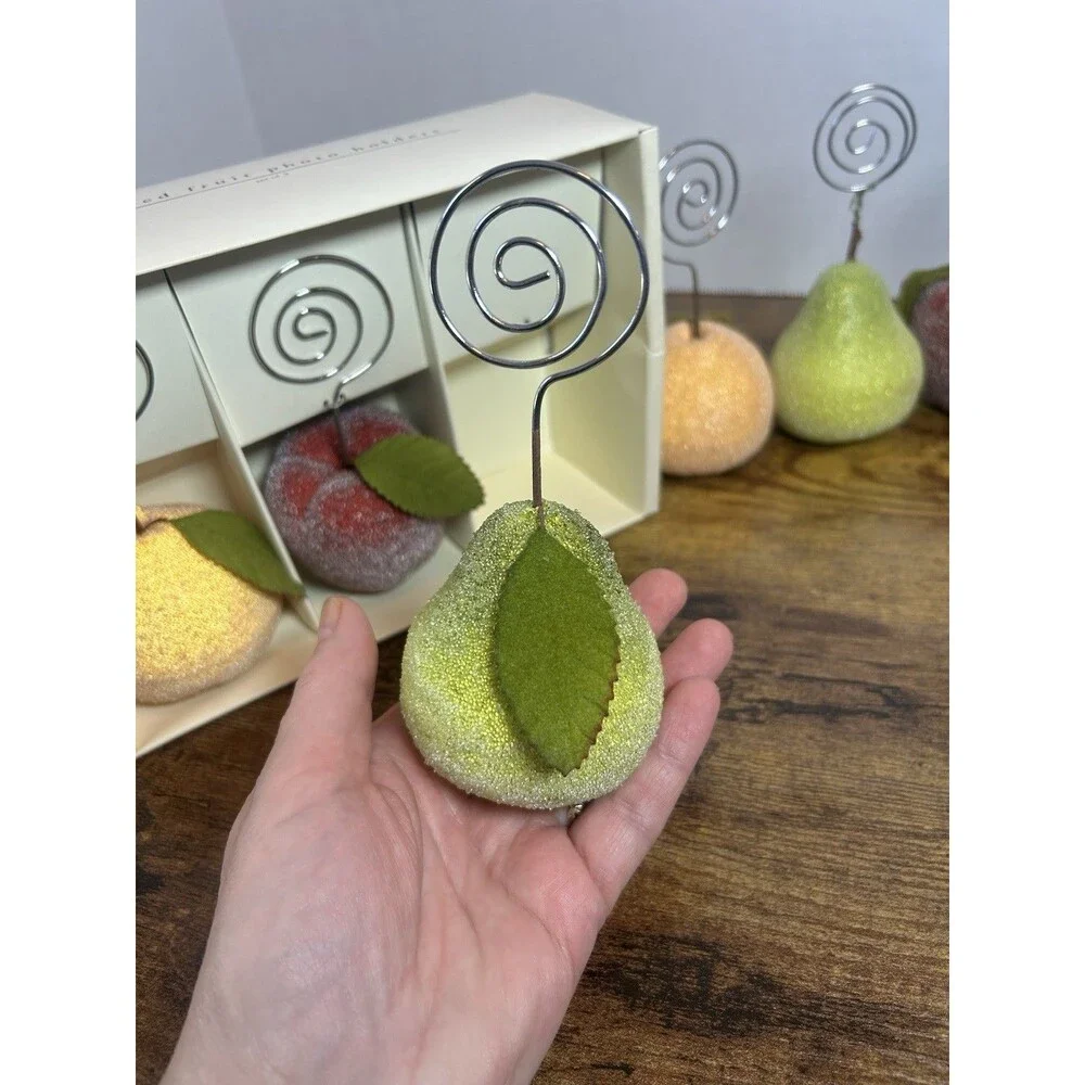 Pier 1 Sugared Fruit Photo Dining Place Card Holders Apple Pear Peach Set of 6